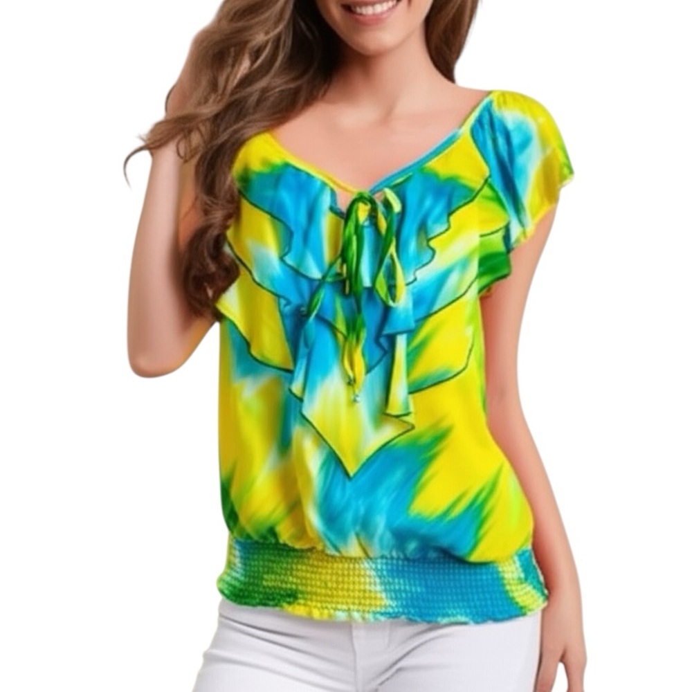 Anthro Cameo Tie Dye Draped Ruffle Off Shoulder Top Yellow Blue Green Resort 2X